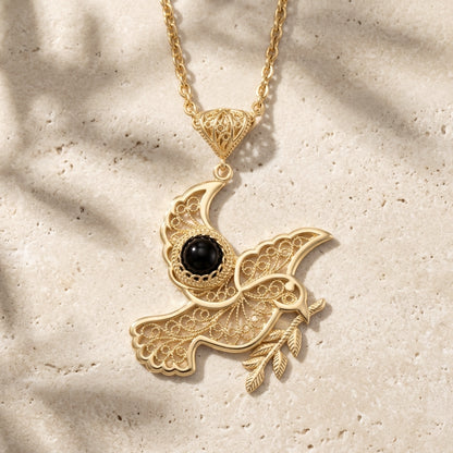 Gold Plated Filigree Bird Pendant with Black Onyx Stone