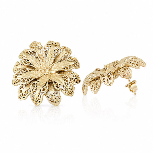 A pair of gold-toned filigree flower stud earrings on a clean white background, with one earring facing forward and the other angled to show the side and post.