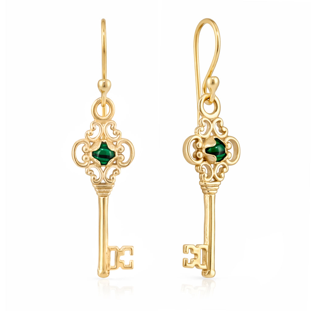 Vintage Key Earrings Gold Filigree Green Crystal Dangle Earrings