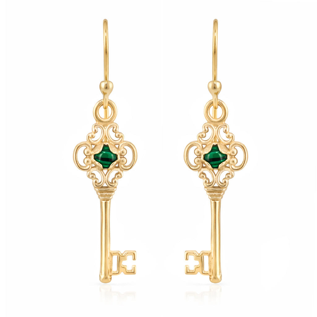 Vintage Key Earrings Gold Filigree Green Crystal Dangle Earrings
