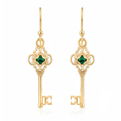 Vintage Key Earrings Gold Filigree Green Crystal Dangle Earrings