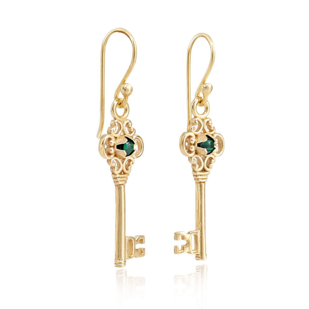 Vintage Key Earrings Gold Filigree Green Crystal Dangle Earrings