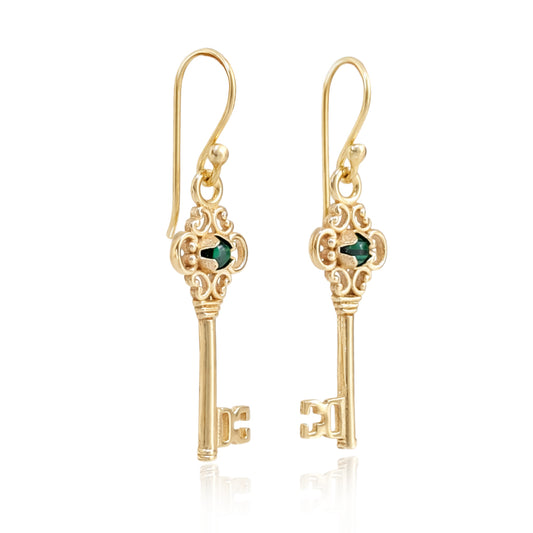 Vintage Key Earrings Gold Filigree Green Crystal Dangle Earrings