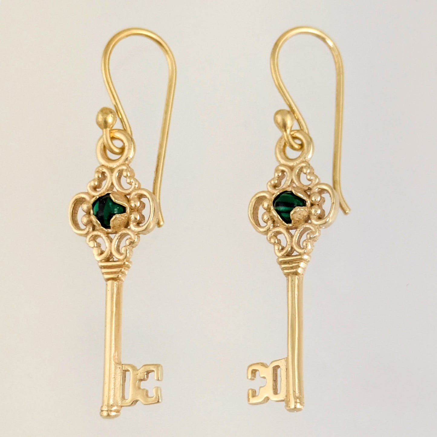 Vintage Key Earrings Gold Filigree Green Crystal Dangle Earrings
