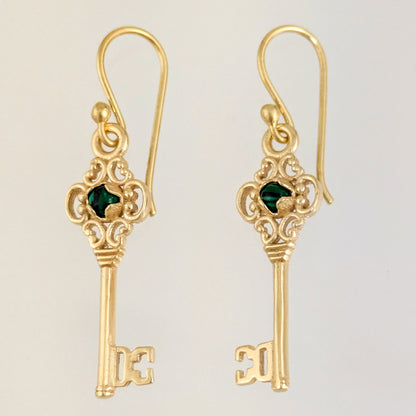 Vintage Key Earrings Gold Filigree Green Crystal Dangle Earrings