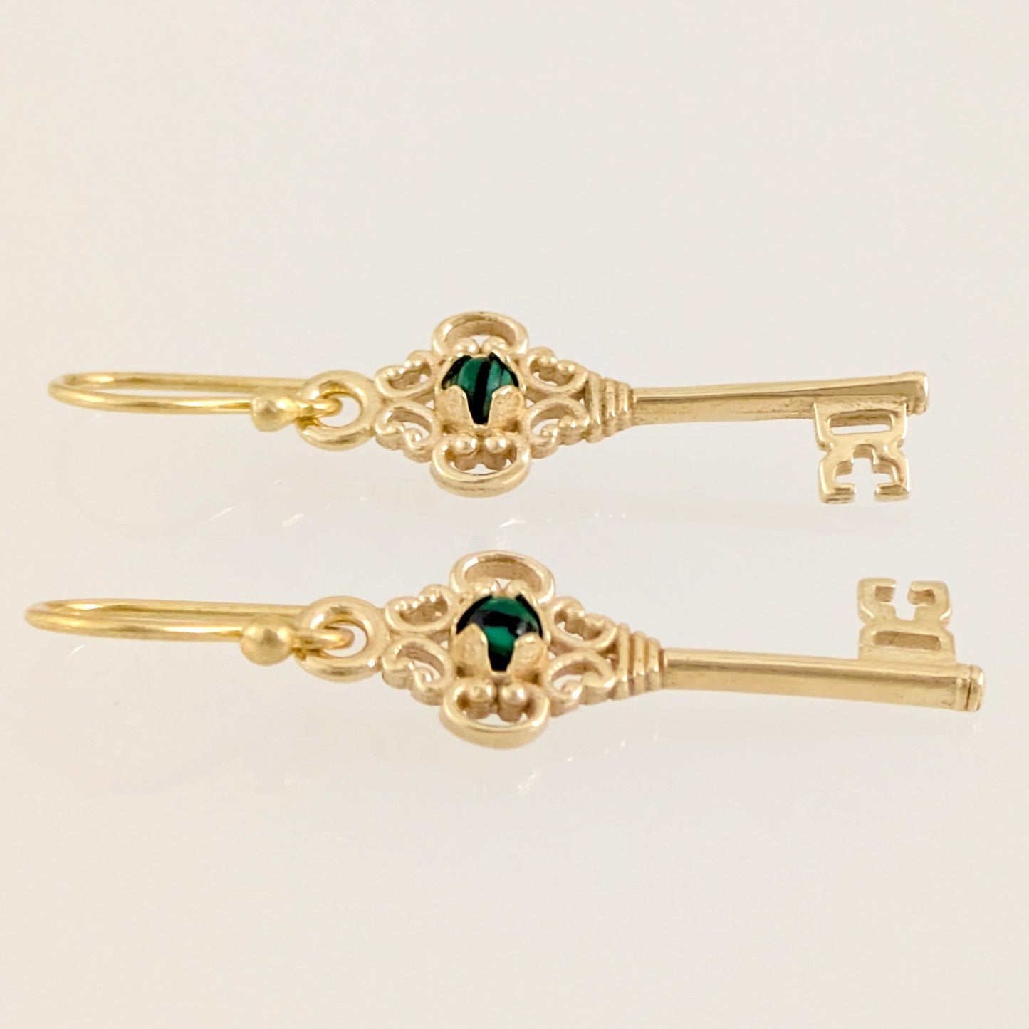 Vintage Key Earrings Gold Filigree Green Crystal Dangle Earrings
