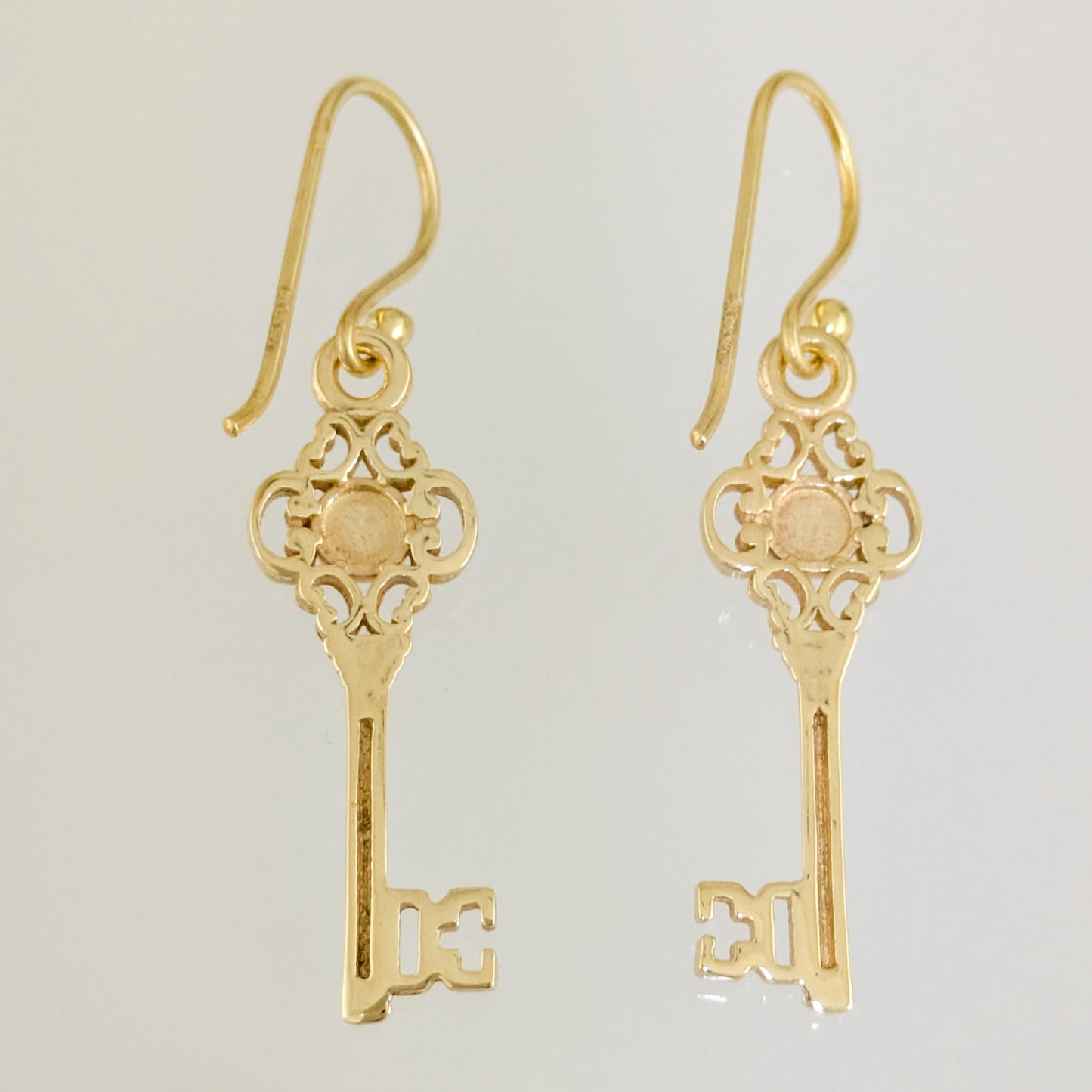 Vintage Key Earrings Gold Filigree Green Crystal Dangle Earrings
