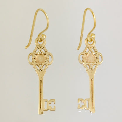 Vintage Key Earrings Gold Filigree Green Crystal Dangle Earrings
