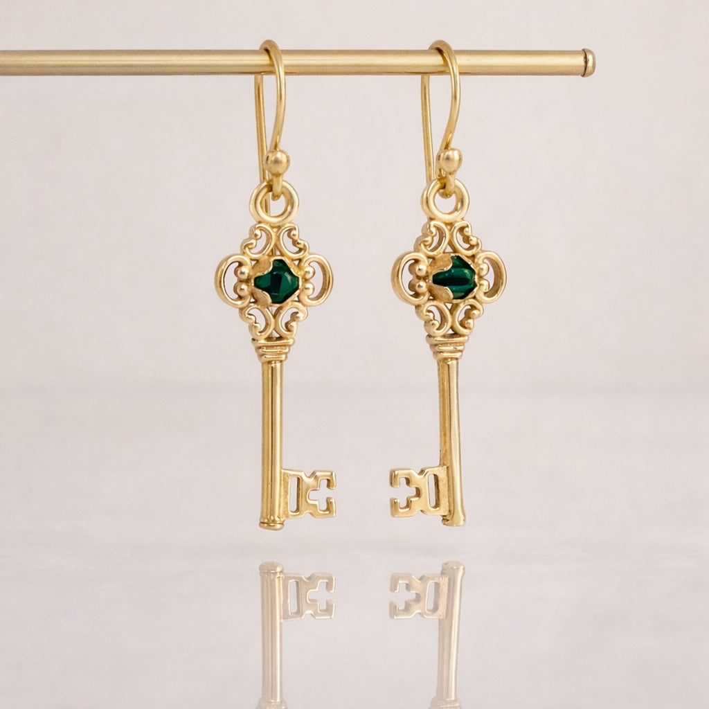 Vintage Key Earrings Gold Filigree Green Crystal Dangle Earrings