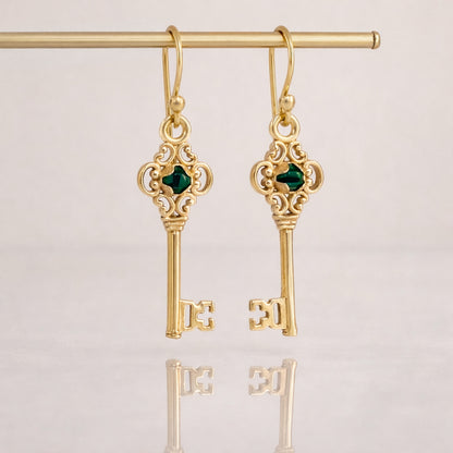 Vintage Key Earrings Gold Filigree Green Crystal Dangle Earrings