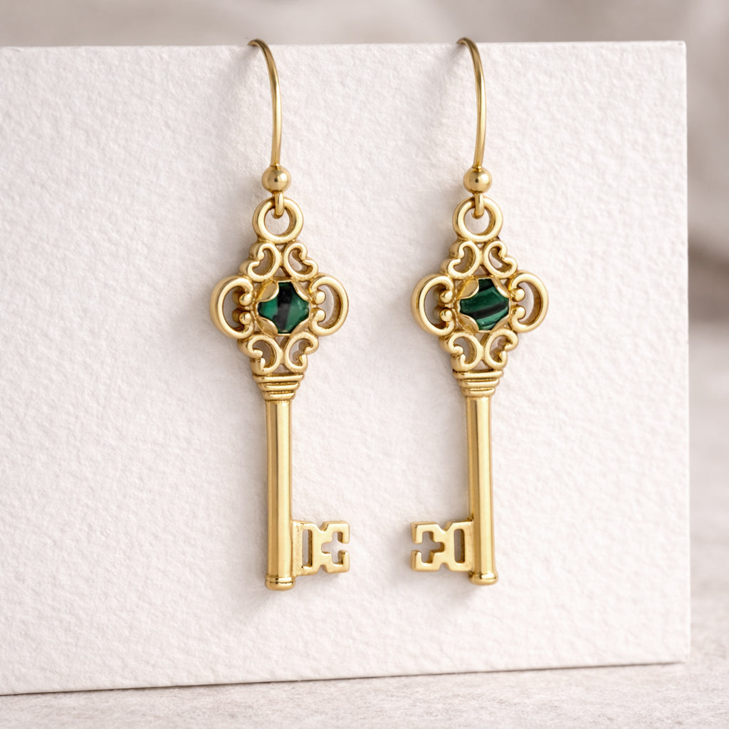 Vintage Key Earrings Gold Filigree Green Crystal Dangle Earrings