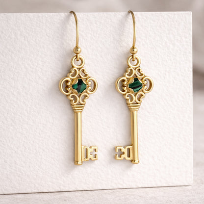 Vintage Key Earrings Gold Filigree Green Crystal Dangle Earrings