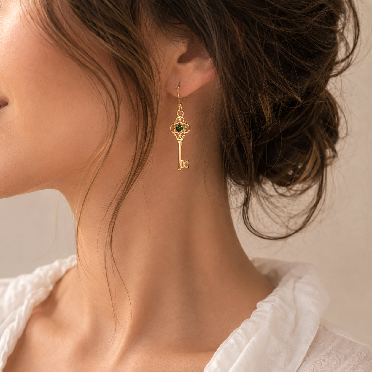 Vintage Key Earrings Gold Filigree Green Crystal Dangle Earrings