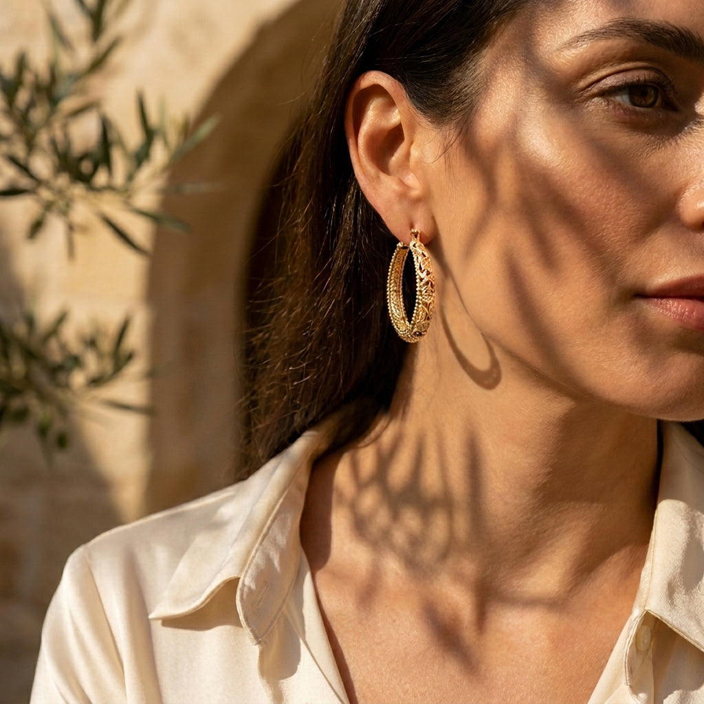 Elegant Floral Filigree Gold Hoop Earrings – Handcrafted in Istanbul