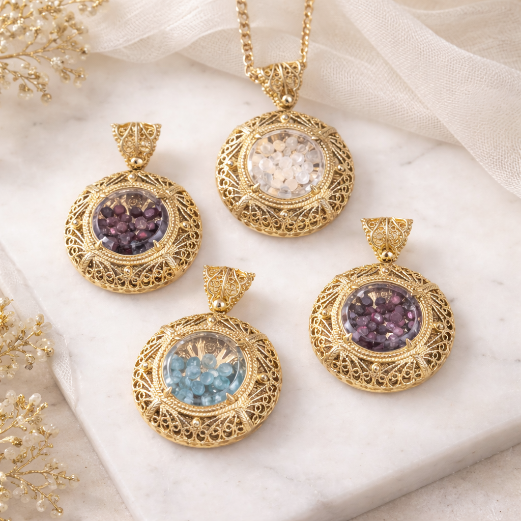 Filigree Locket Shaker Pendant with Floating Gemstones – 36 in. Love Link Chain