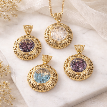 Filigree Locket Shaker Pendant with Floating Gemstones – 36 in. Love Link Chain