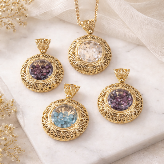 Filigree Locket Shaker Pendant with Floating Gemstones – 36 in. Love Link Chain