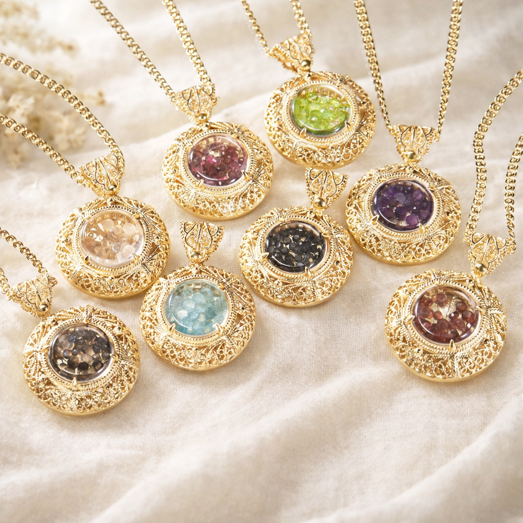 Filigree Locket Shaker Pendant with Floating Gemstones – 36 in. Love Link Chain
