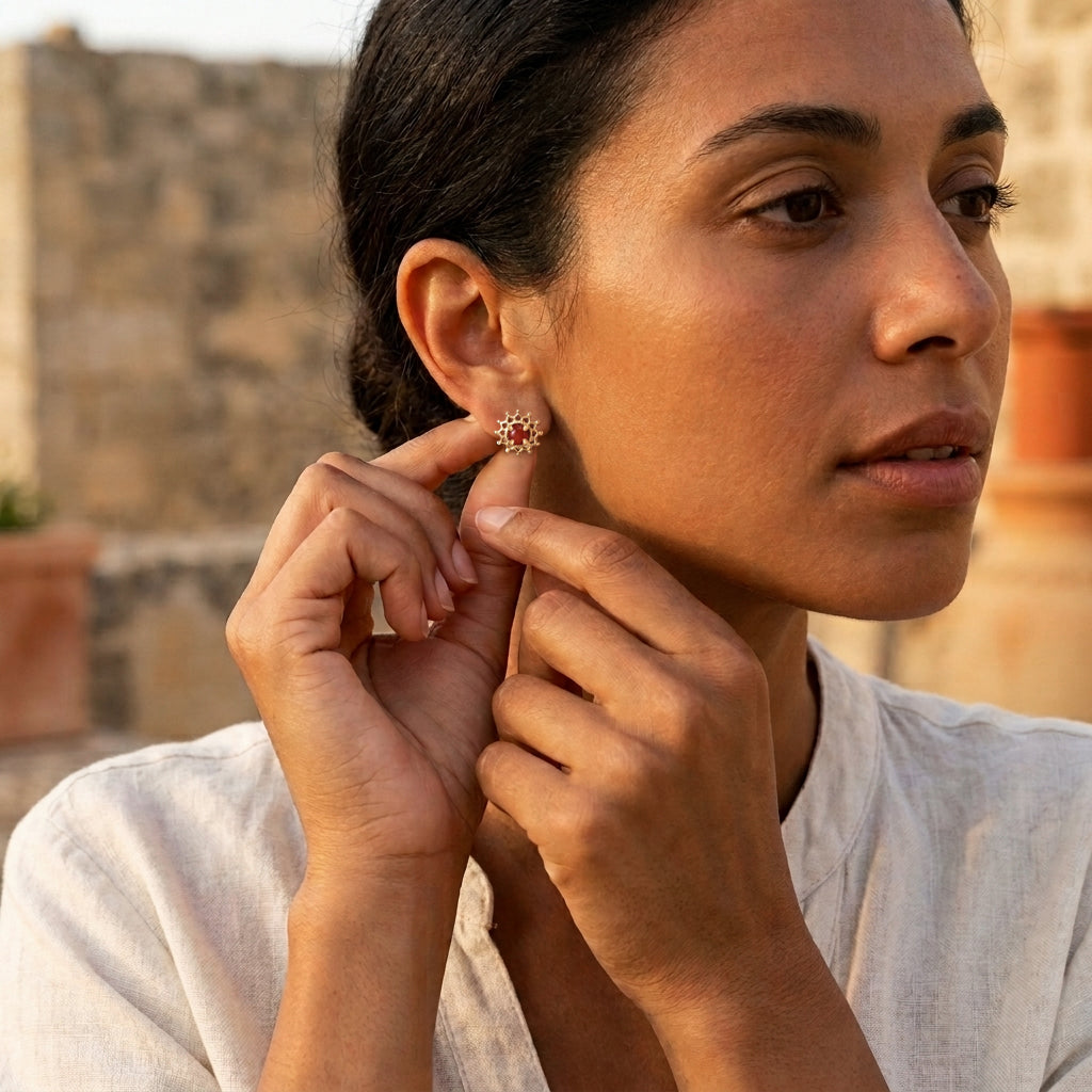 Carnelian Cabochon Stud Earrings with Ornate Openwork Design