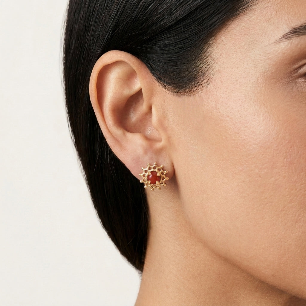 Carnelian Cabochon Stud Earrings with Ornate Openwork Design