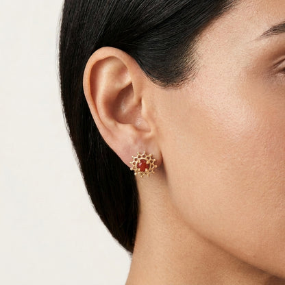 Carnelian Cabochon Stud Earrings with Ornate Openwork Design