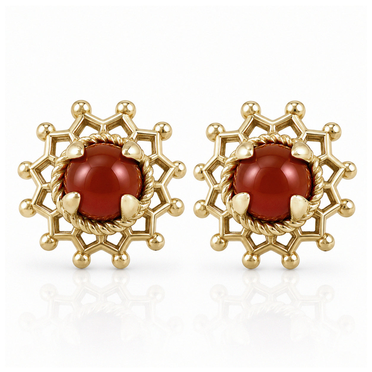 Carnelian Cabochon Stud Earrings with Ornate Openwork Design