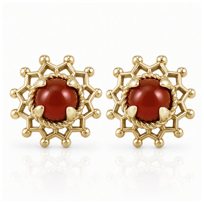 Carnelian Cabochon Stud Earrings with Ornate Openwork Design