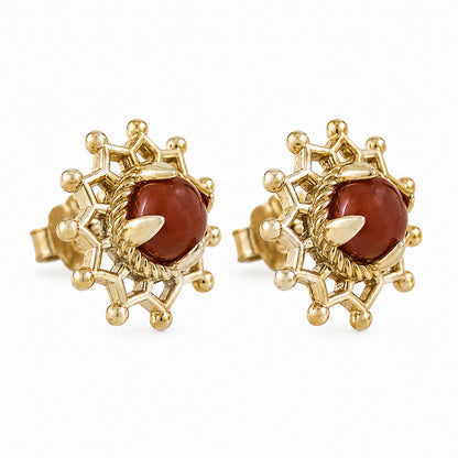 Carnelian Cabochon Stud Earrings with Ornate Openwork Design
