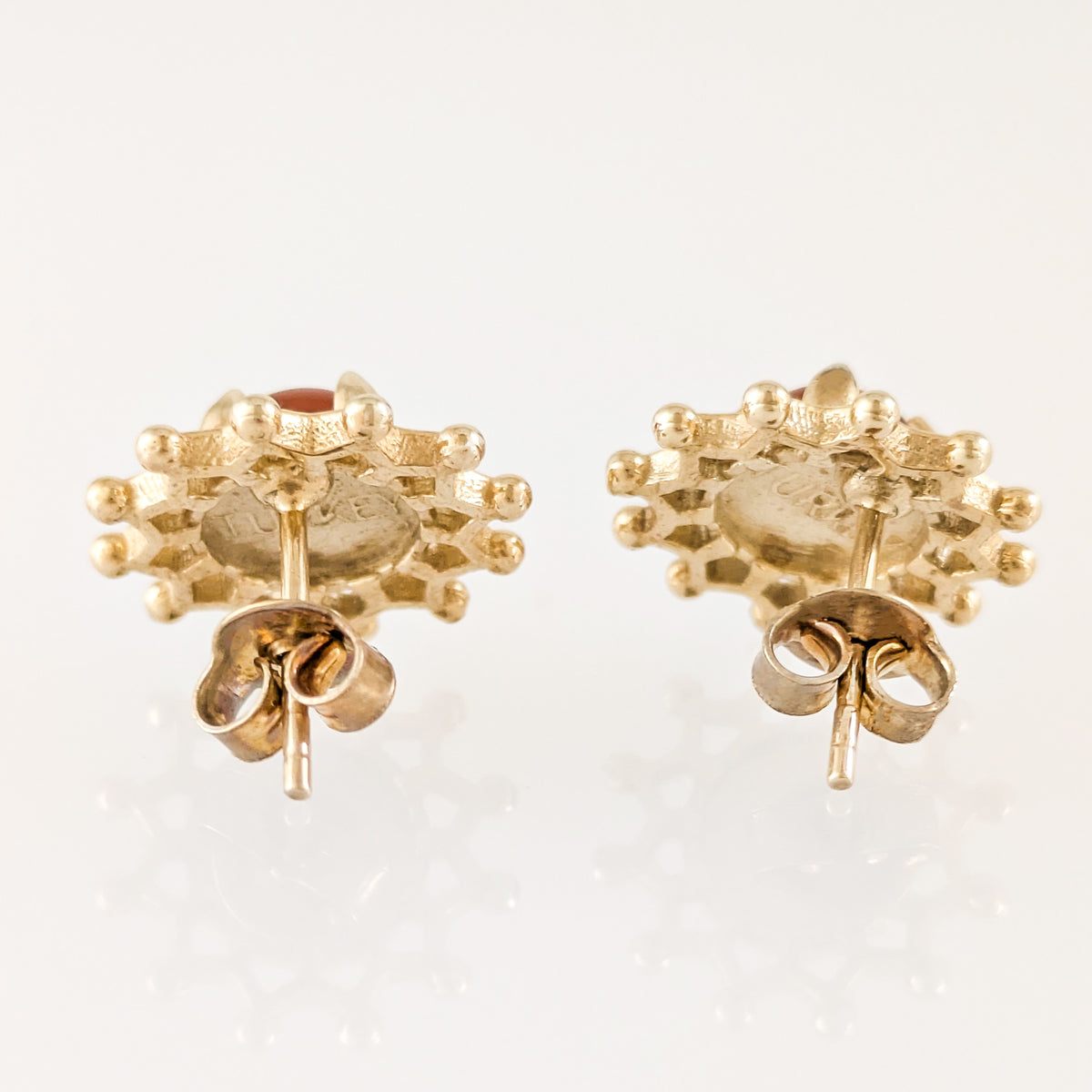 Carnelian Cabochon Stud Earrings with Ornate Openwork Design