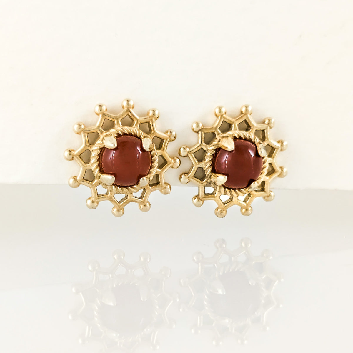 Carnelian Cabochon Stud Earrings with Ornate Openwork Design