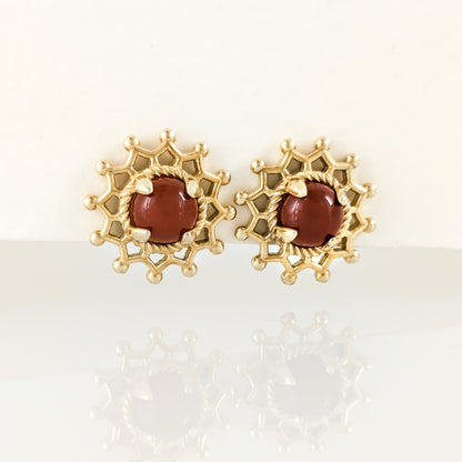 Carnelian Cabochon Stud Earrings with Ornate Openwork Design