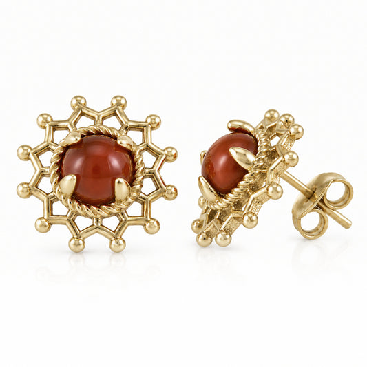 Carnelian Cabochon Stud Earrings with Ornate Openwork Design