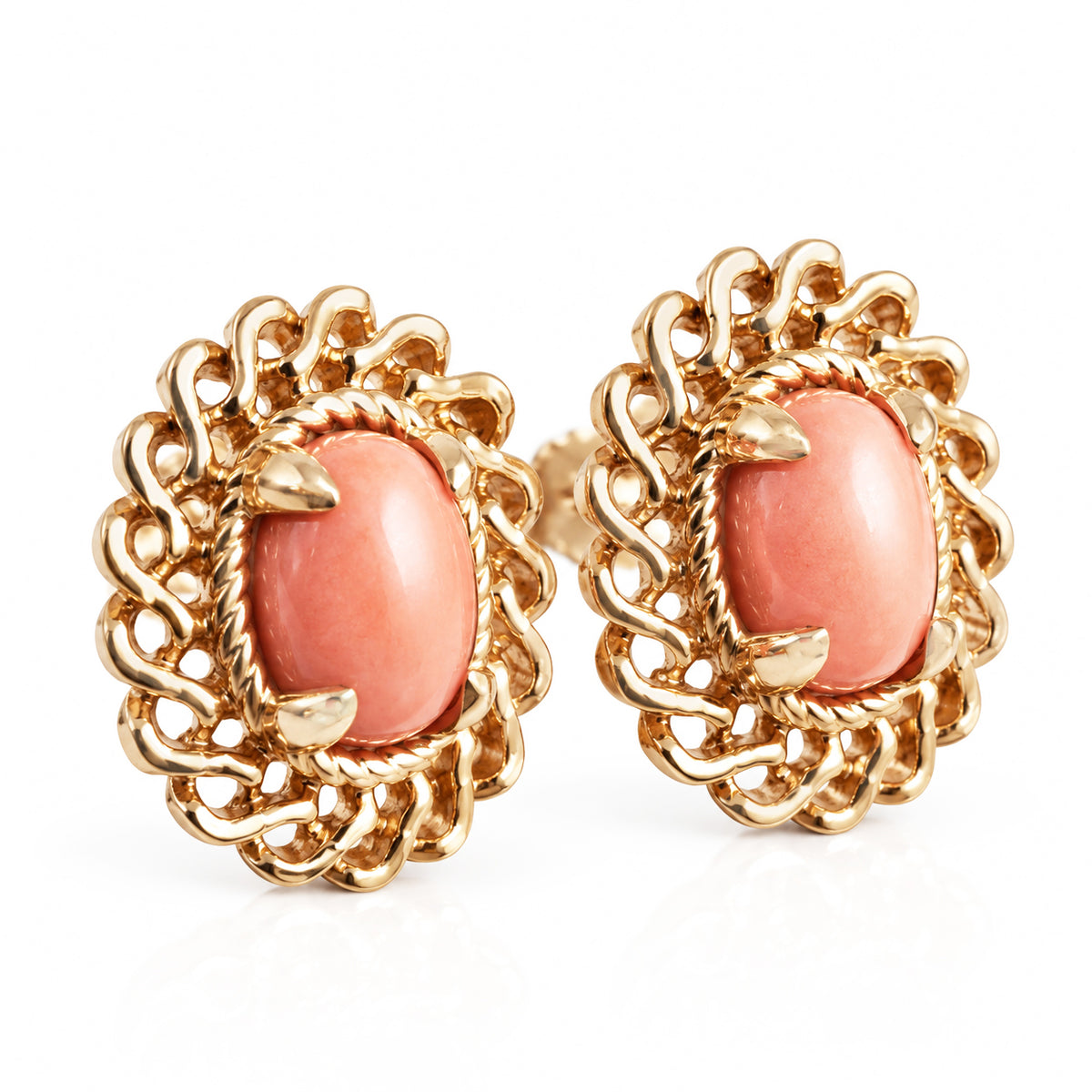 Oval Cabochon Stud Earrings – Ornate Openwork Frame