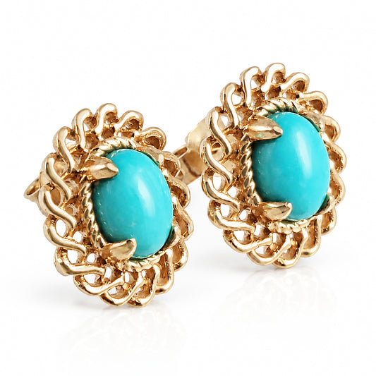 Oval Cabochon Stud Earrings – Ornate Openwork Frame