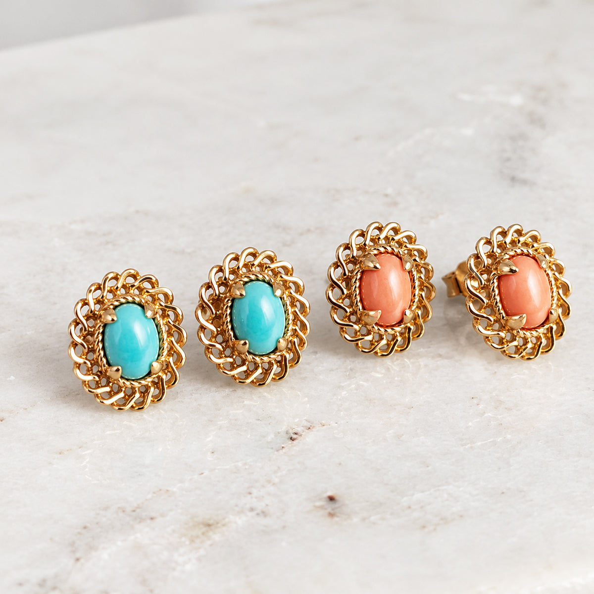 Oval Cabochon Stud Earrings – Ornate Openwork Frame