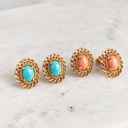 Oval Cabochon Stud Earrings – Ornate Openwork Frame