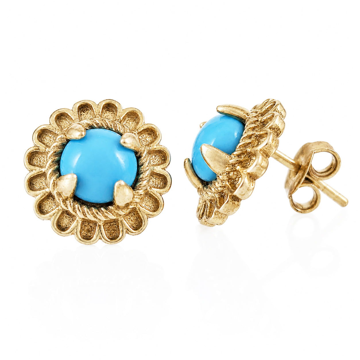 A pair of gold-toned stud earrings with oval turquoise blue centers, surrounded by a textured scalloped gold border, shown on a clean white background.