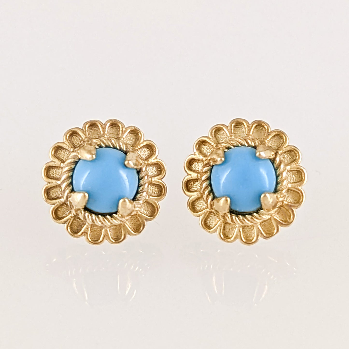 Turquoise Cabochon Stud Earrings with Ornate Floral Design