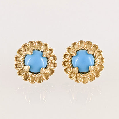 Turquoise Cabochon Stud Earrings with Ornate Floral Design