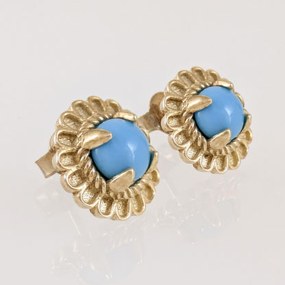 Turquoise Cabochon Stud Earrings with Ornate Floral Design