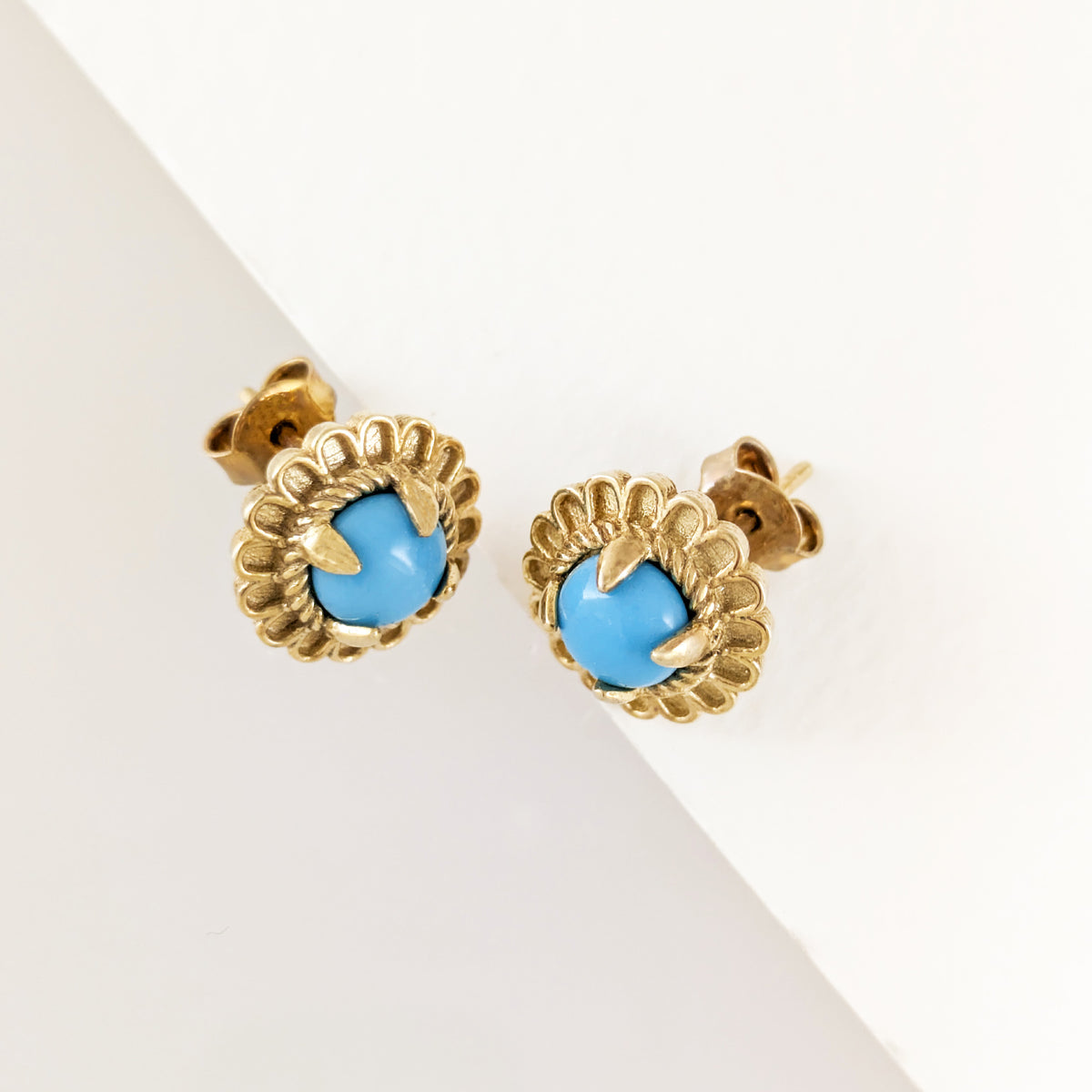 Turquoise Cabochon Stud Earrings with Ornate Floral Design