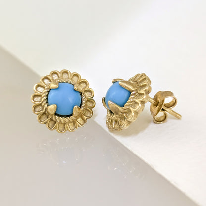 Turquoise Cabochon Stud Earrings with Ornate Floral Design