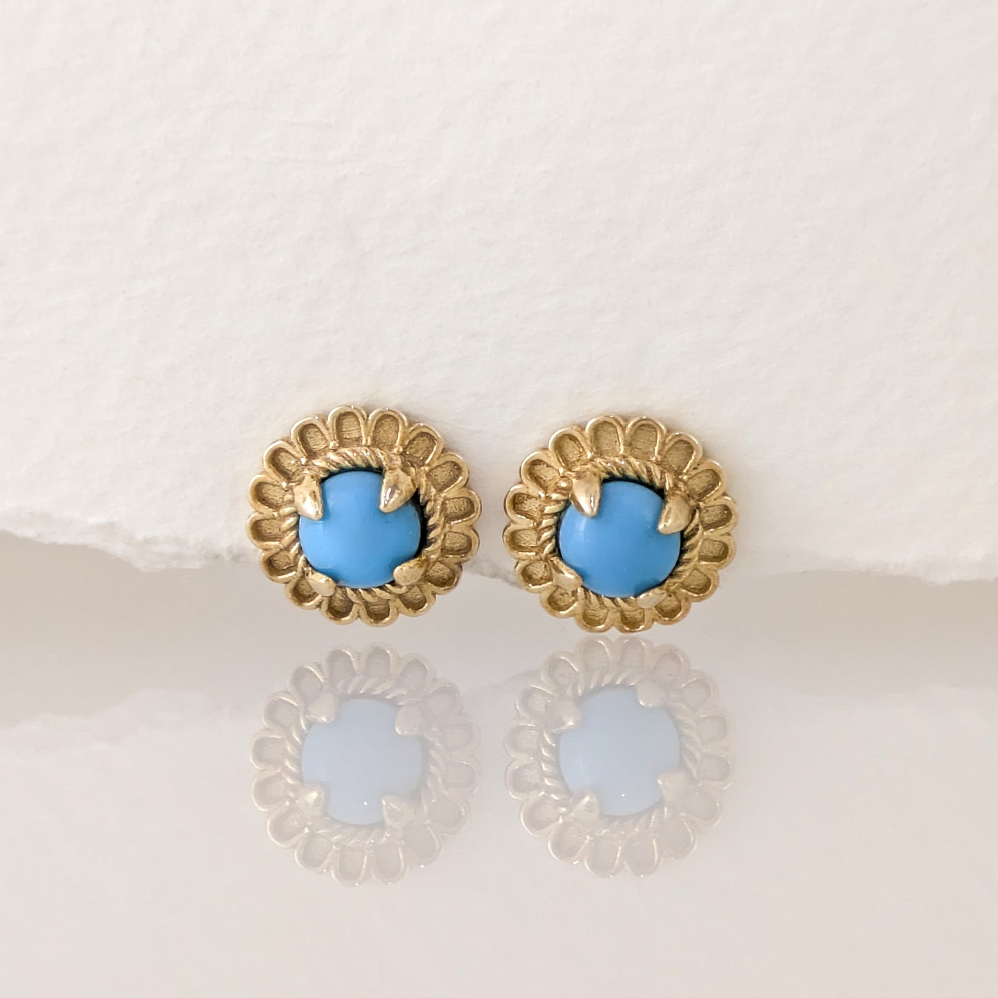 Turquoise Cabochon Stud Earrings with Ornate Floral Design