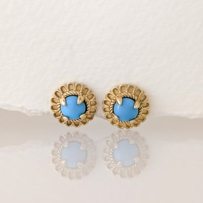 Turquoise Cabochon Stud Earrings with Ornate Floral Design