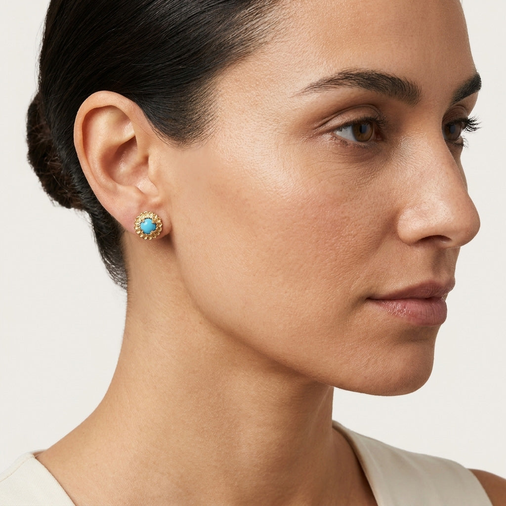 Turquoise Cabochon Stud Earrings with Ornate Floral Design