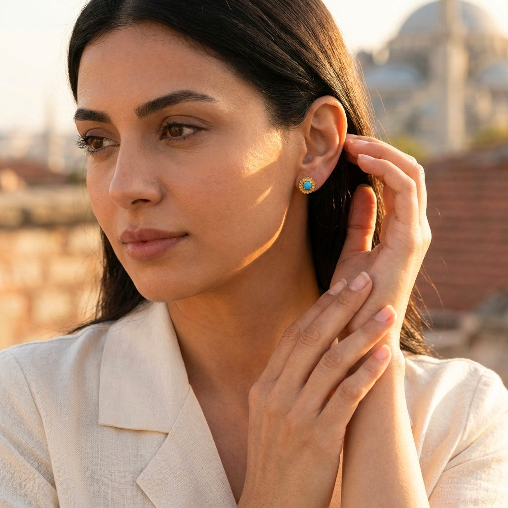 Turquoise Cabochon Stud Earrings with Ornate Floral Design