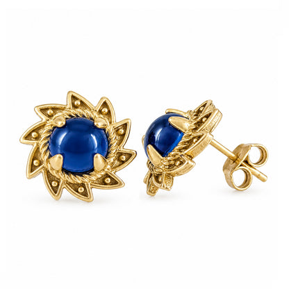 Blue Crystal Cabochon Stud Earrings with Ornate Sunburst Design