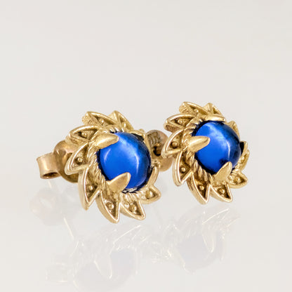Blue Crystal Cabochon Stud Earrings with Ornate Sunburst Design