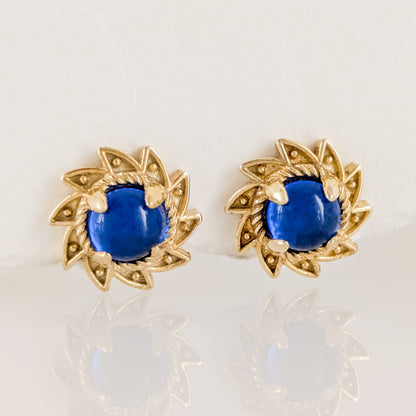 Blue Crystal Cabochon Stud Earrings with Ornate Sunburst Design