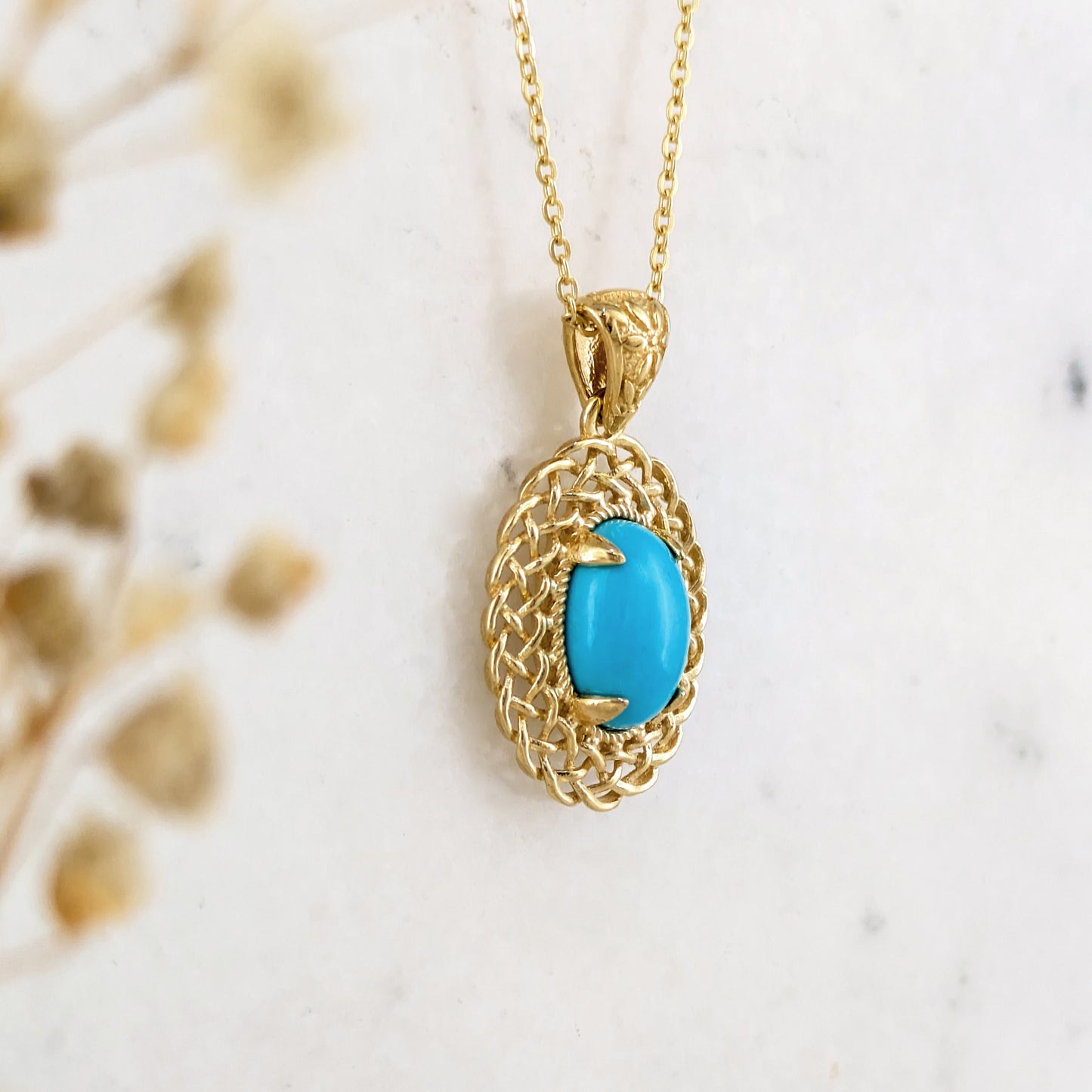 Oval Turquoise Pendant with Woven Openwork Frame